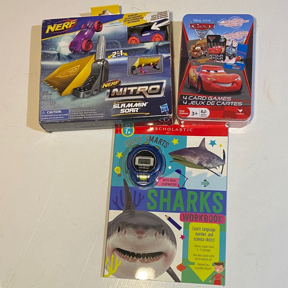 Nerf Nitro Slammin' Soar Set NIB , Cars Card Game tin-sealed, Sharks Reader